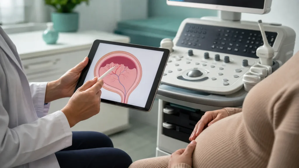 Consulta de medicina fetal com diagrama educativo de acretismo placentario sem dados identificaveis