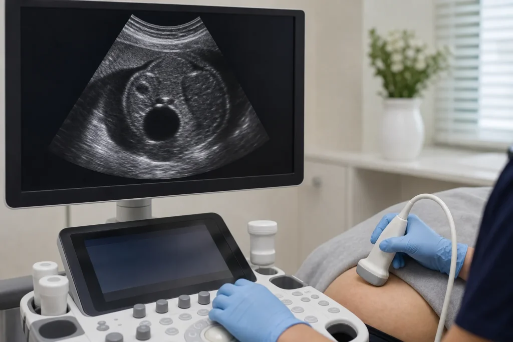 Ultrassom fetal avaliando rins e bexiga do bebê em consulta de medicina fetal sem identificação de paciente