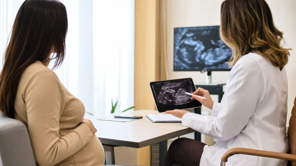 Amniocentese na gravidez: consulta de medicina fetal com avaliação de ultrassom, sem identificação de paciente