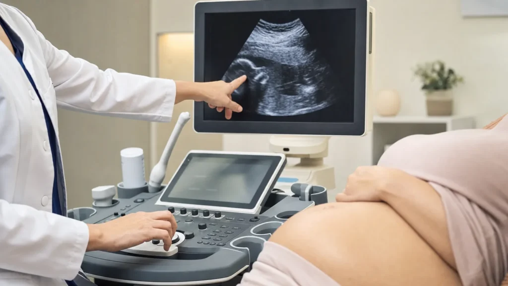Consulta de medicina fetal com ultrassom sobre anencefalia fetal sem identificação da paciente
