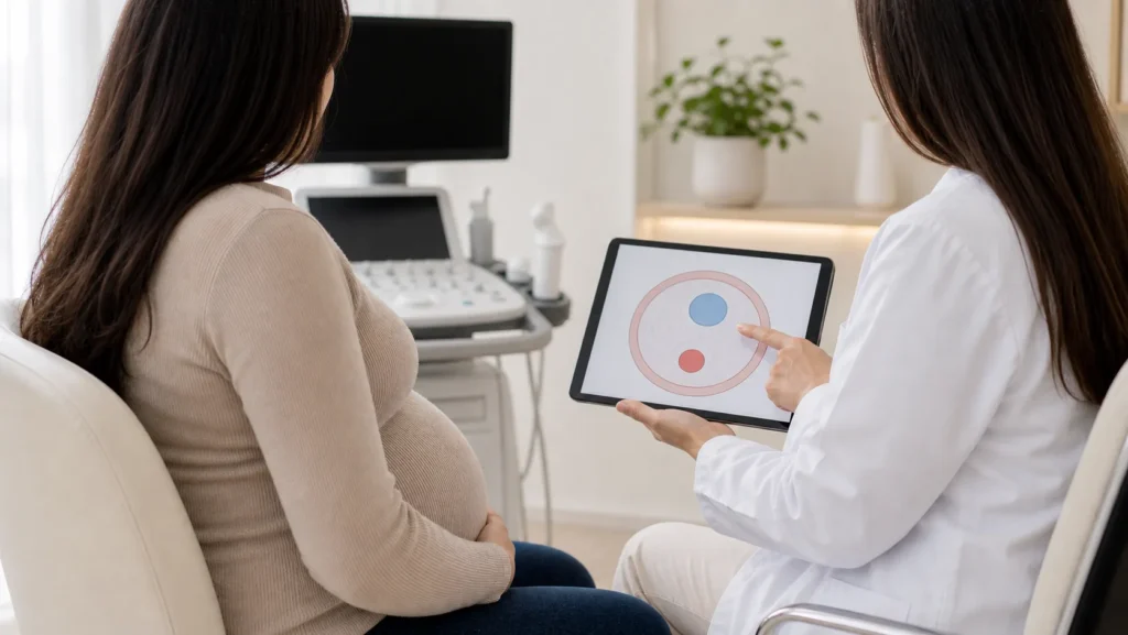 Consulta de pre-natal com diagrama educativo de arteria umbilical unica sem dados identificaveis