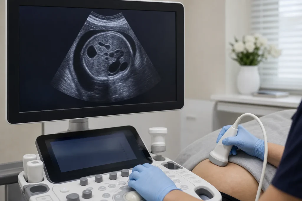 Ultrassom fetal avaliando abdome do bebê em consulta de medicina fetal sem identificação de paciente