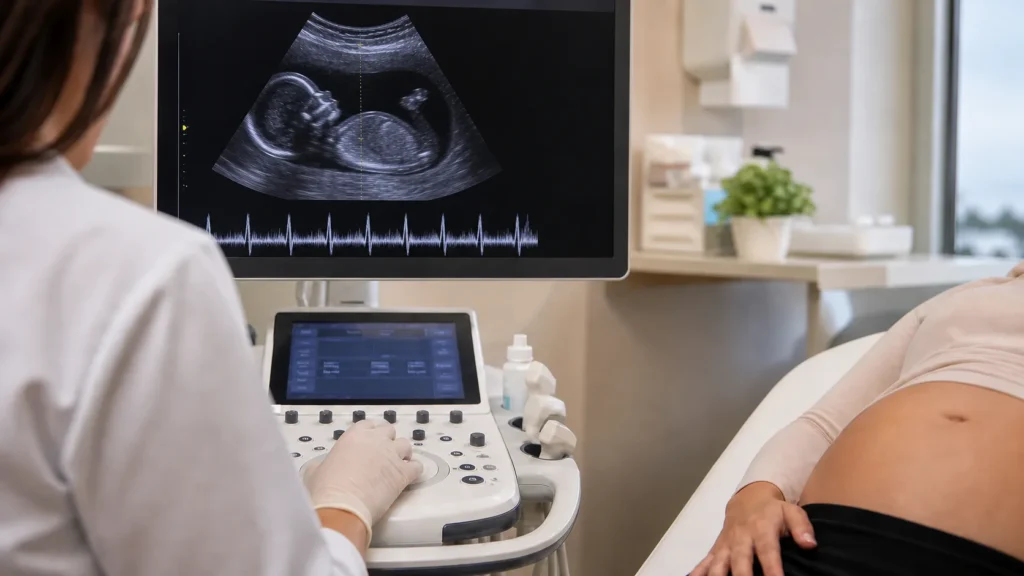 Ultrassom obstétrico avaliando batimento cardíaco fetal sem identificação de paciente