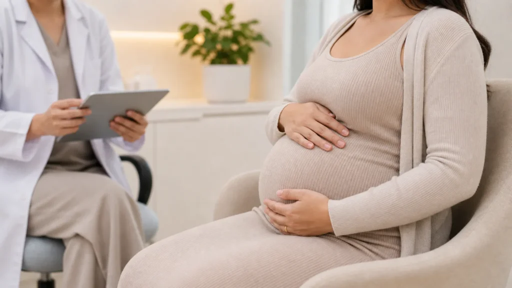 Gestante em consulta de pre-natal com as maos na barriga sem identificacao de paciente