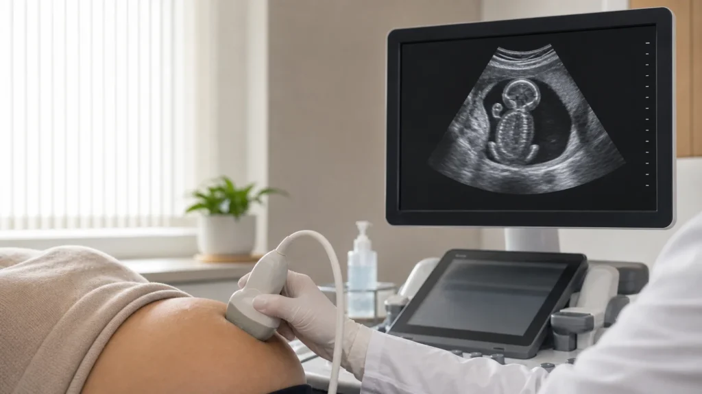 Ultrassom obstétrico avaliando posição fetal sem identificação de paciente