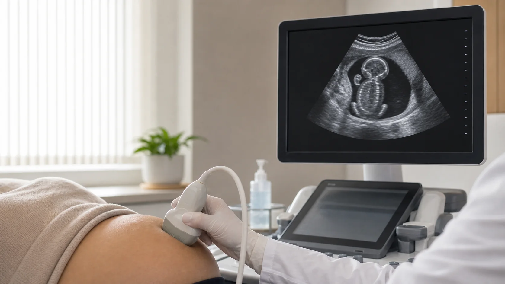 Ultrassom obstétrico avaliando posição fetal sem identificação de paciente
