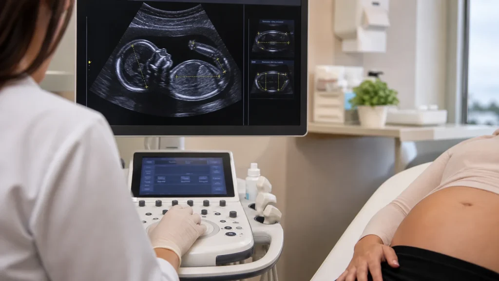 Ultrassom obstétrico realizando biometria fetal sem identificação de paciente