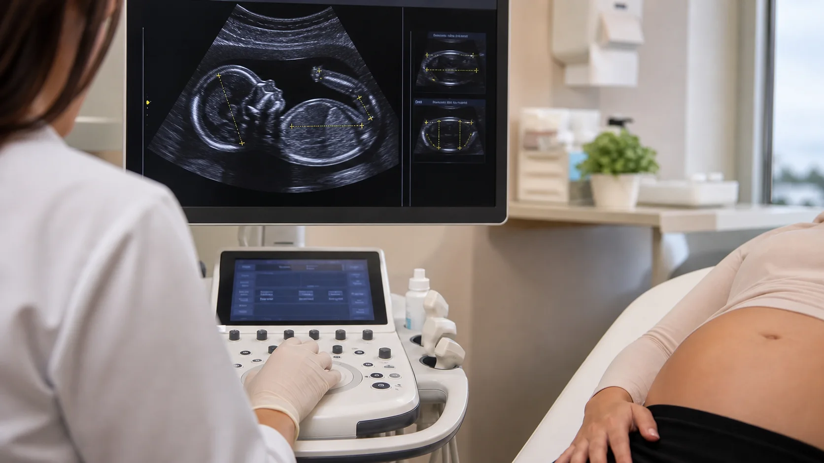 Ultrassom obstétrico realizando biometria fetal sem identificação de paciente