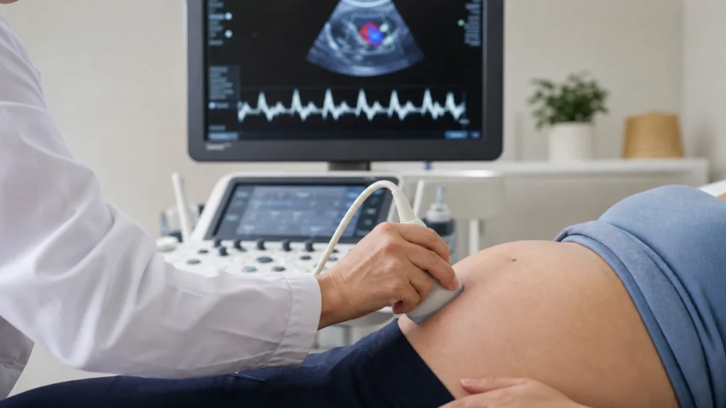 Ultrassom obstétrico com avaliação do ritmo cardíaco fetal em artigo sobre bradicardia fetal sem identificação de paciente
