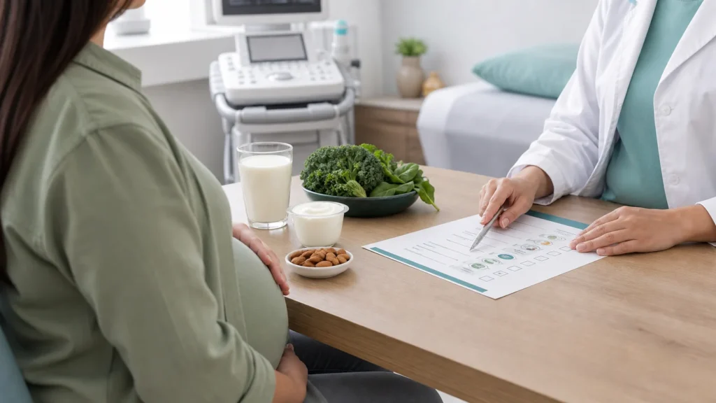 Consulta de pré-natal sobre cálcio na gravidez e alimentação sem identificação da paciente