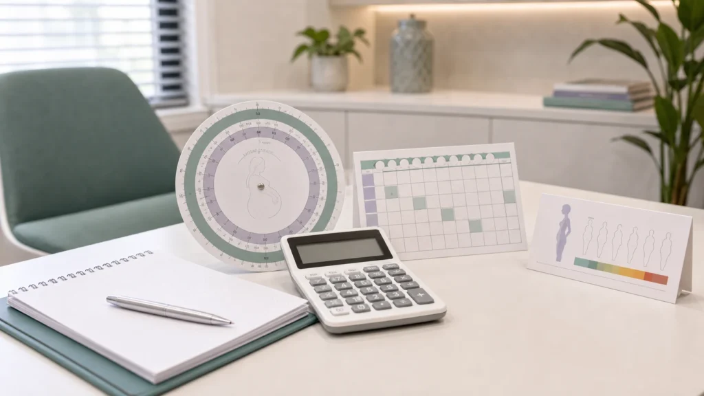 Calculadoras gestacionais: idade gestacional, IMC e período fértil: imagem educativa realista sem identificação de paciente