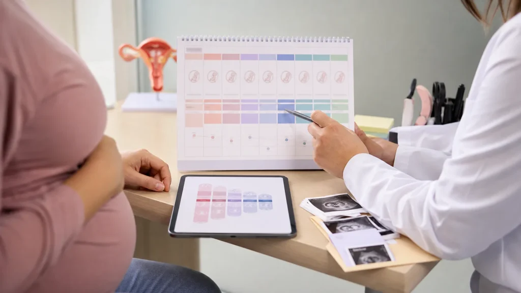 Calendario gestacional em consulta de pre-natal, com planejamento de semanas e exames sem identificar a paciente