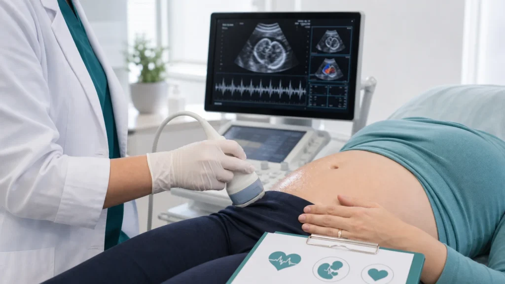 Ultrassom fetal com avaliação cardíaca em artigo sobre cardiomegalia fetal sem identificação de paciente
