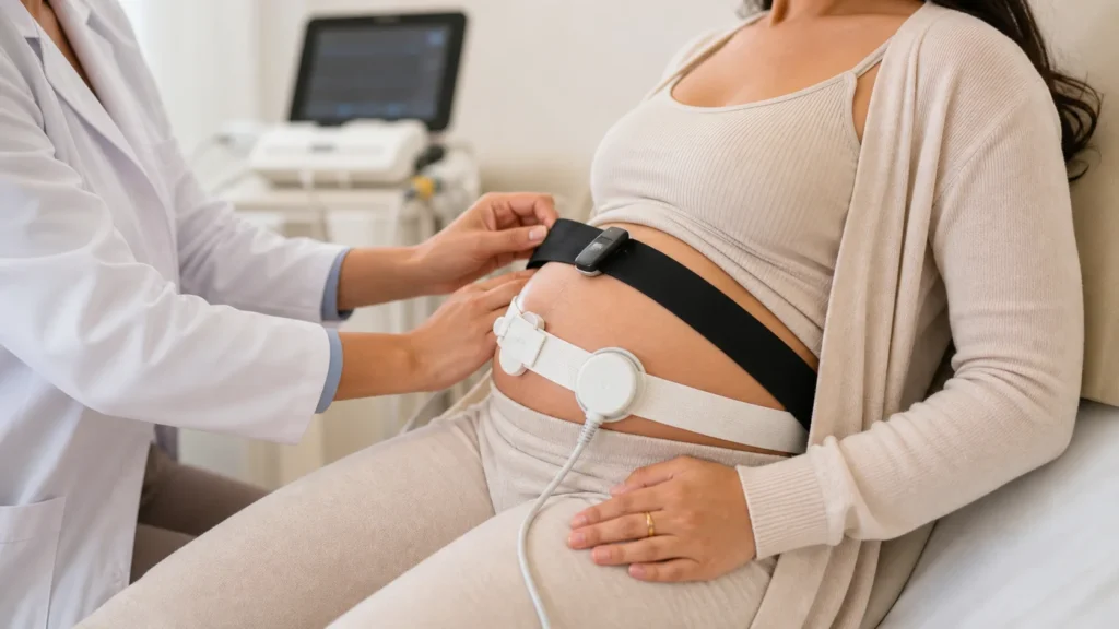 Gestante em exame de cardiotocografia com cintas de monitorizacao fetal sem identificacao de paciente