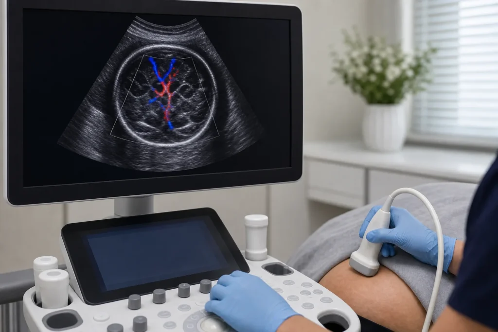 Ultrassom com Doppler avaliando circulação cerebral fetal sem identificação de paciente