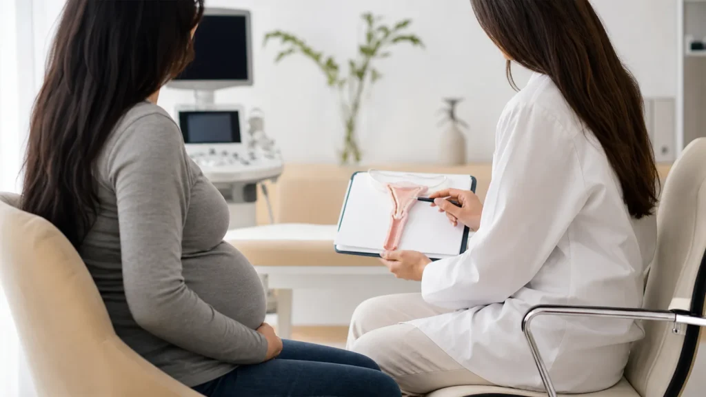 Gestante em consulta sobre avaliacao do colo do utero sem identificacao de paciente