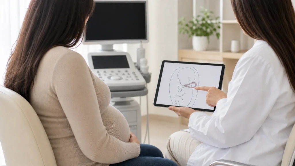 Consulta de pre-natal com diagrama educativo de circular de cordao sem dados identificaveis
