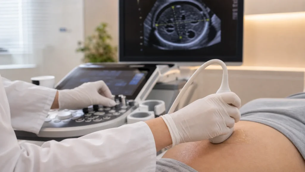 Ultrassom obstétrico com medida de circunferência abdominal fetal sem identificação de paciente