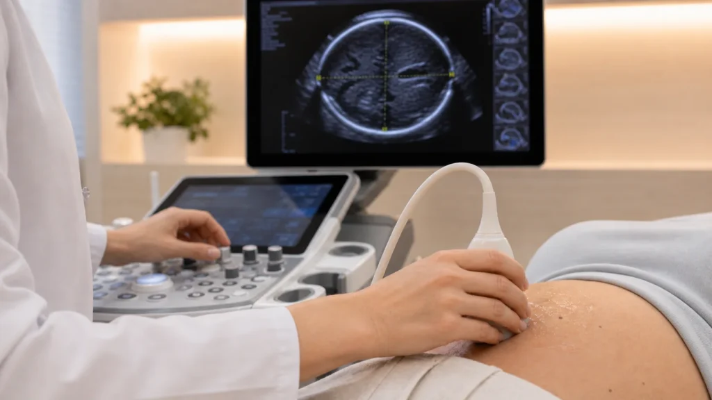 Ultrassom obstétrico com medida de circunferência cefálica fetal sem identificação de paciente