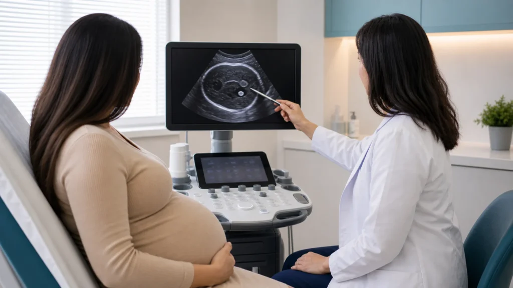 Consulta de medicina fetal avaliando cisto de plexo coroide no ultrassom sem identificacao de paciente