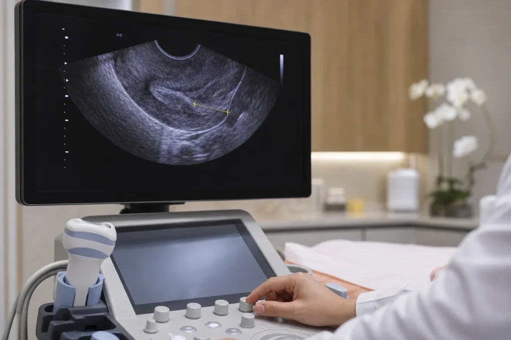 Ultrassom transvaginal avaliando comprimento do colo uterino na gravidez sem identificação de paciente