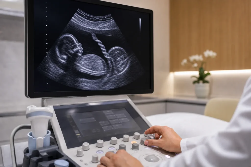 Ultrassom obstétrico avaliando o cordão umbilical sem identificação de paciente