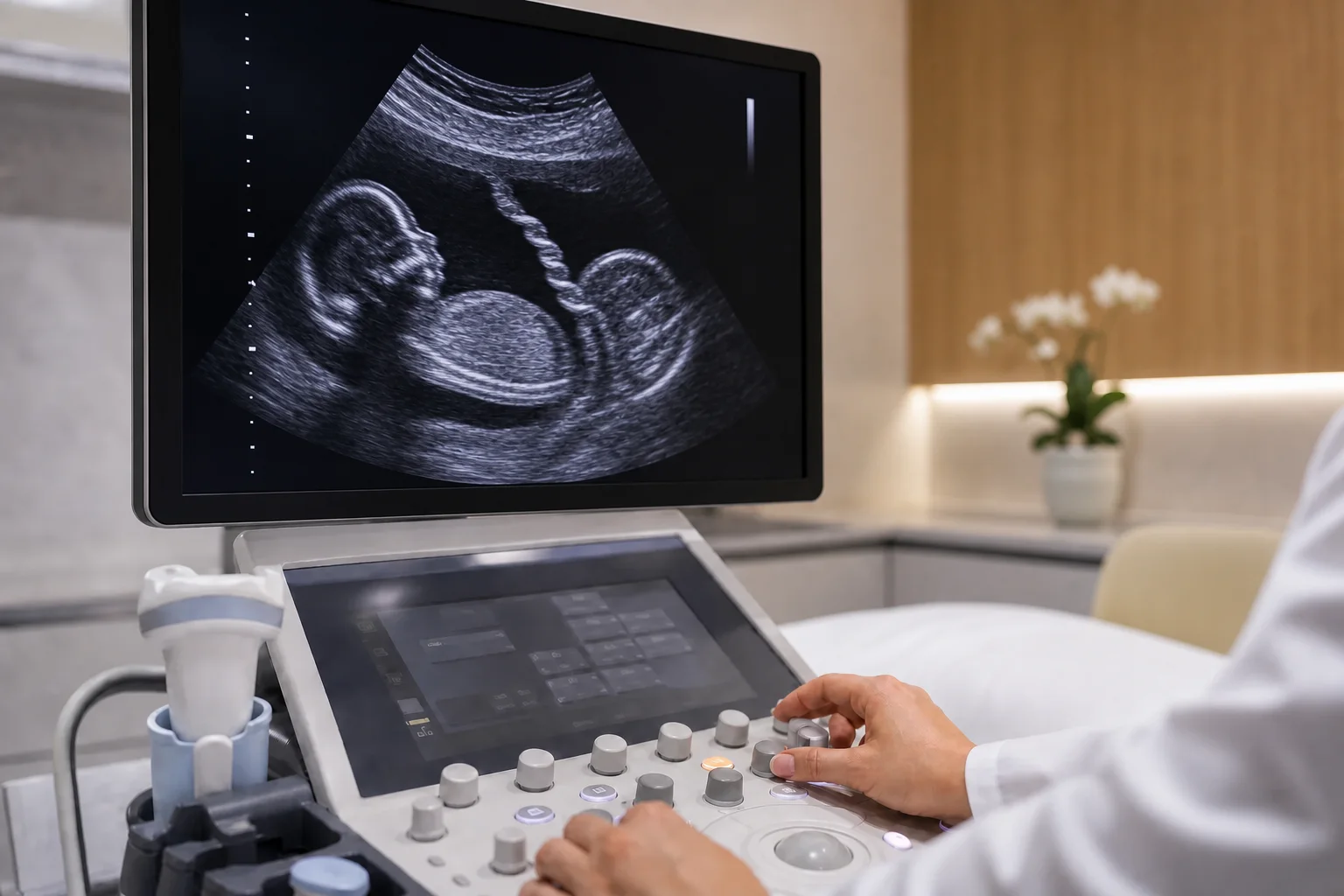 Ultrassom obstétrico avaliando o cordão umbilical sem identificação de paciente