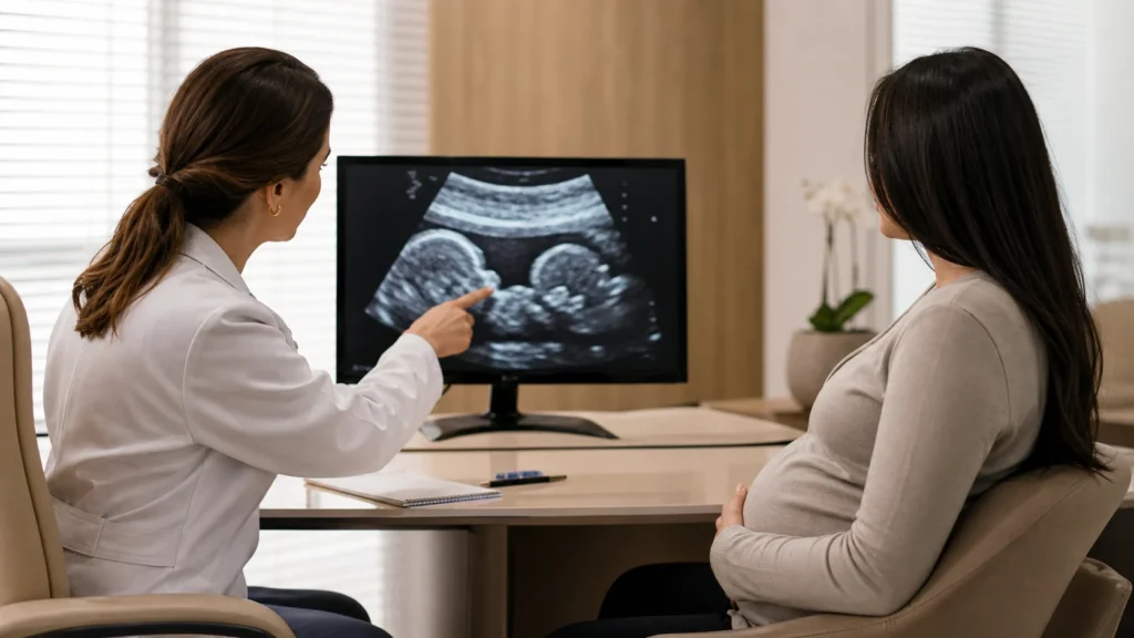 Cordocentese na gravidez: consulta de medicina fetal com avaliação de ultrassom, sem identificação de paciente