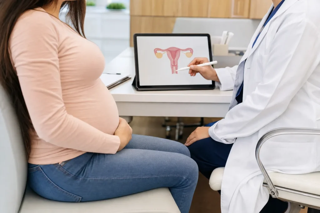 Corrimento na gestação: orientação obstétrica em consulta, sem identificação de paciente