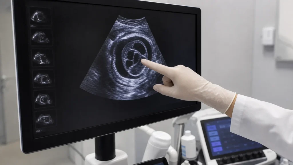 Ultrassom fetal com avaliação cardíaca em artigo sobre derrame pericárdico fetal sem identificação de paciente