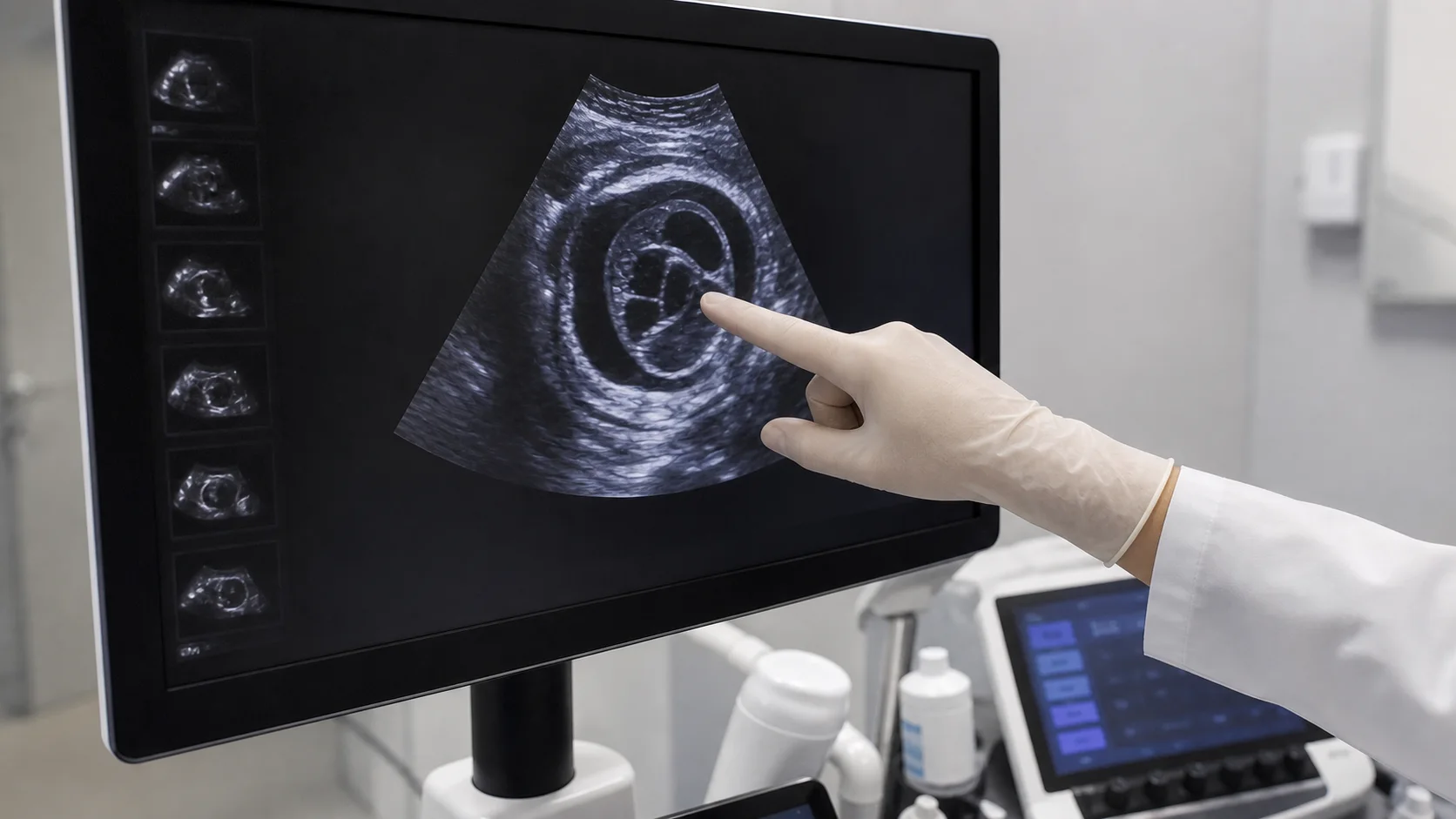 Ultrassom fetal com avaliação cardíaca em artigo sobre derrame pericárdico fetal sem identificação de paciente