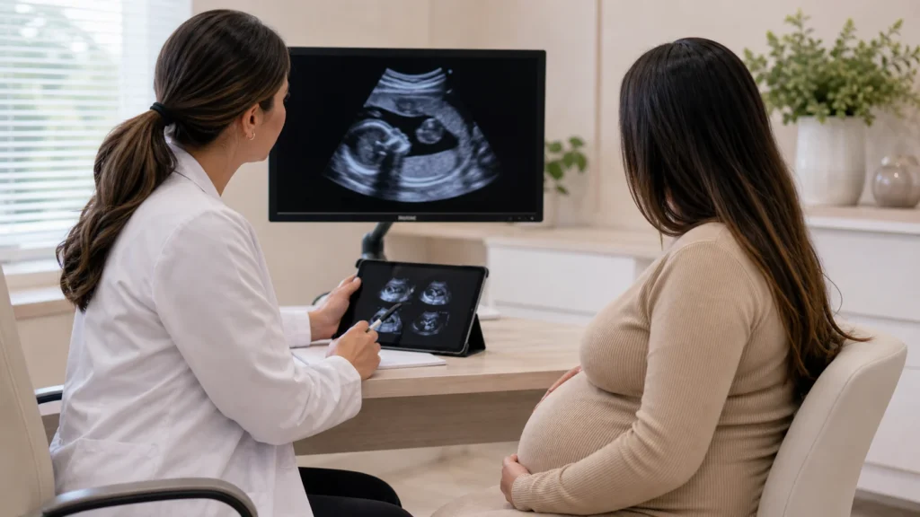 Descolamento de placenta: consulta de medicina fetal com ultrassom, sem identificação de paciente