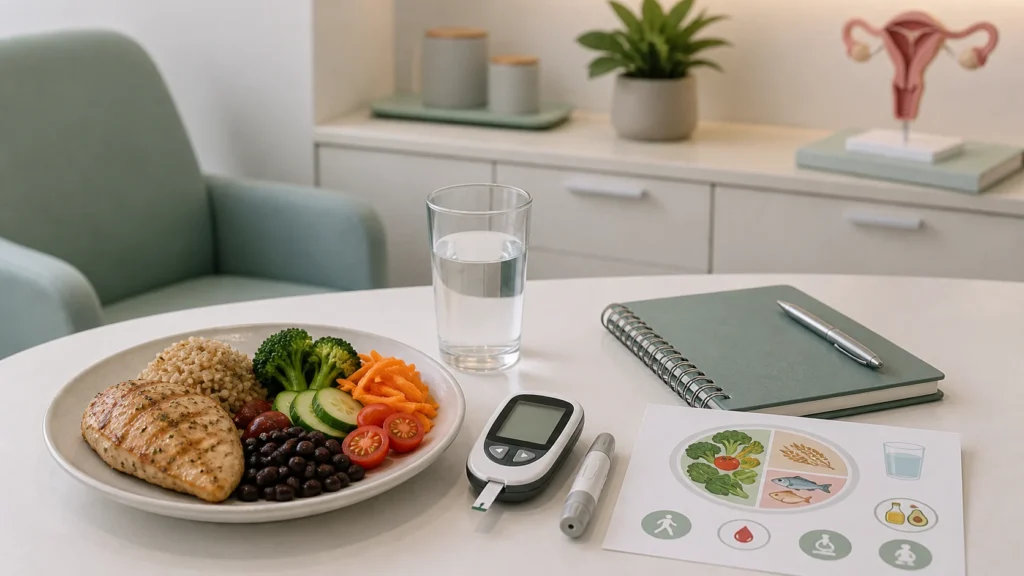Diabetes gestacional: Dieta recomendada e riscos para a saúde: imagem educativa realista sem identificação de paciente