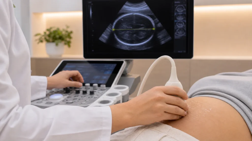 Ultrassom obstétrico com medida de diâmetro biparietal fetal sem identificação de paciente