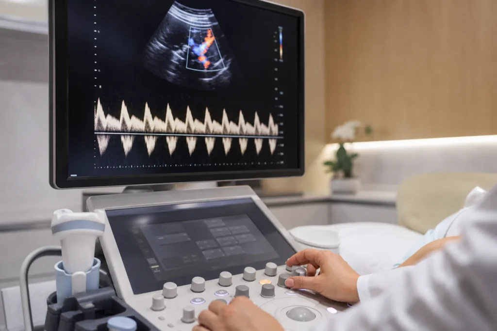 Ultrassom com Doppler avaliando fluxo da artéria umbilical fetal sem identificação de paciente