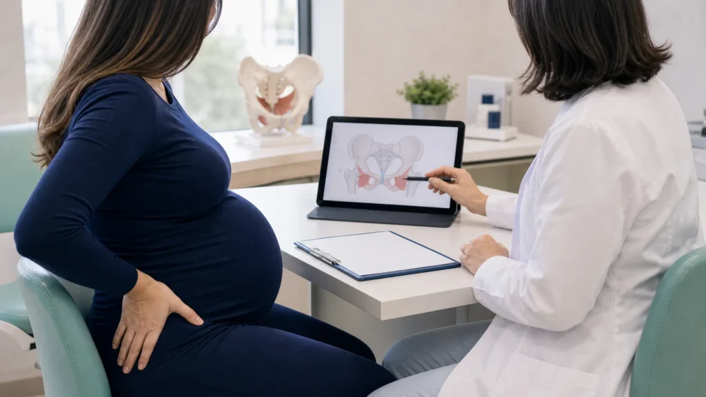 Consulta obstetrica sobre dor na virilha e desconforto pelvico na gravidez sem identificacao de paciente