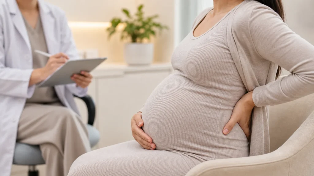 Gestante em consulta de pre-natal com desconforto nas costas sem identificacao de paciente