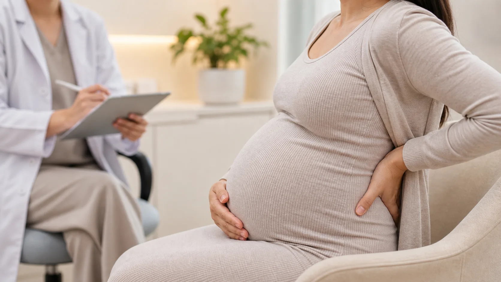 Gestante em consulta de pre-natal com desconforto nas costas sem identificacao de paciente