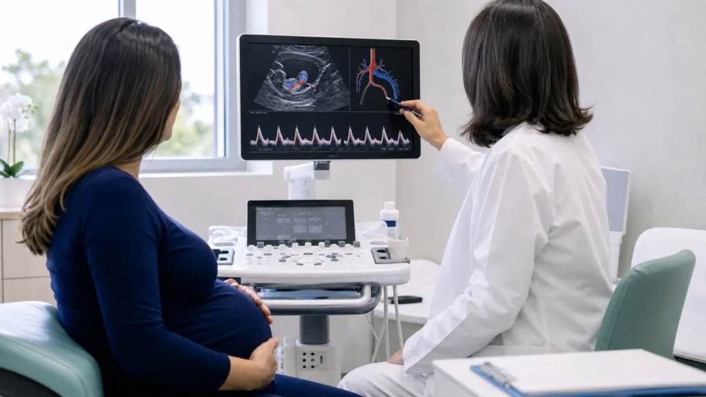 Consulta de medicina fetal com ultrassom Doppler e explicacao sobre circulacao fetal sem dados identificaveis