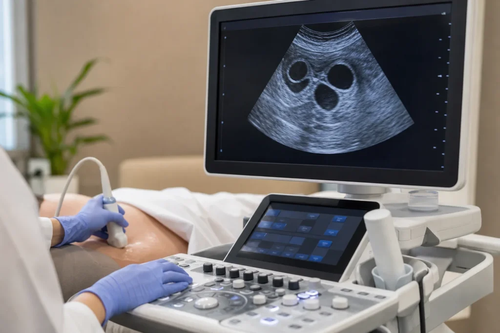 Ultrassom fetal avaliando abdome do bebe sem identificacao de paciente