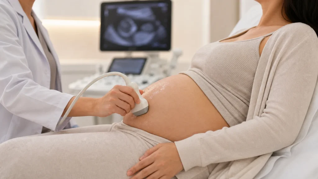 Gestante realizando ultrassom para avaliacao fetal sem identificacao de paciente