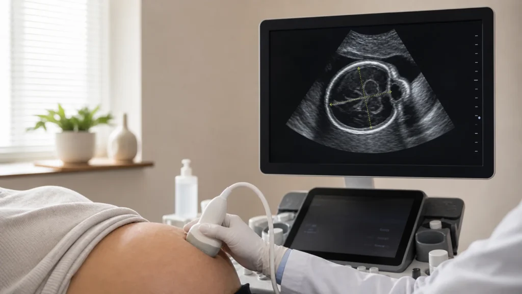 Ultrassom obstétrico com avaliação craniana fetal sem identificação de paciente