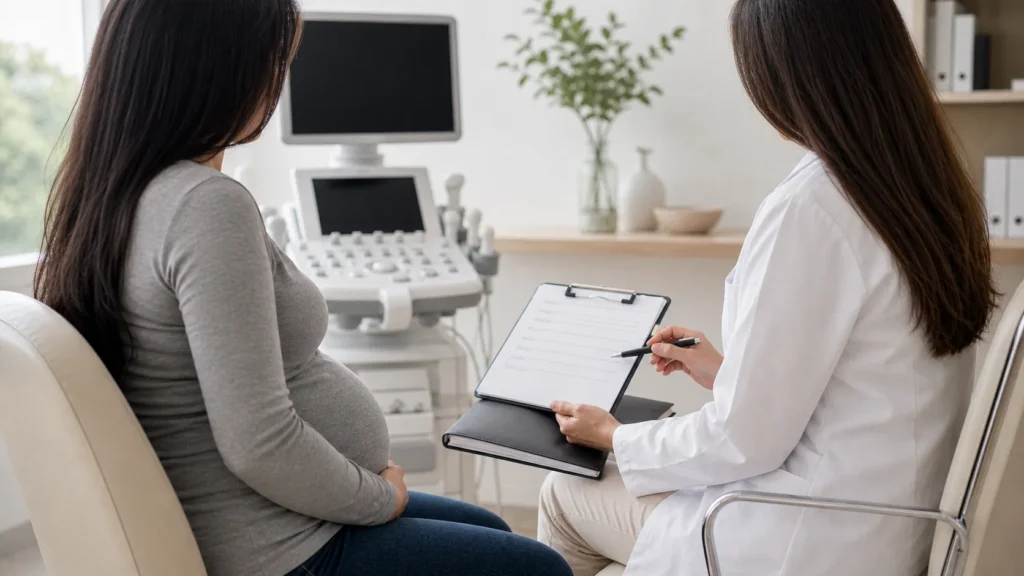 Gestante em consulta de pre-natal sobre exames de sangue e acompanhamento fetal sem identificacao