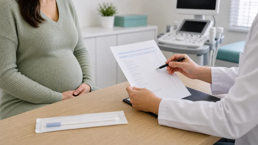 Consulta de pré-natal com explicação do exame do cotonete na gestante sem identificação da paciente