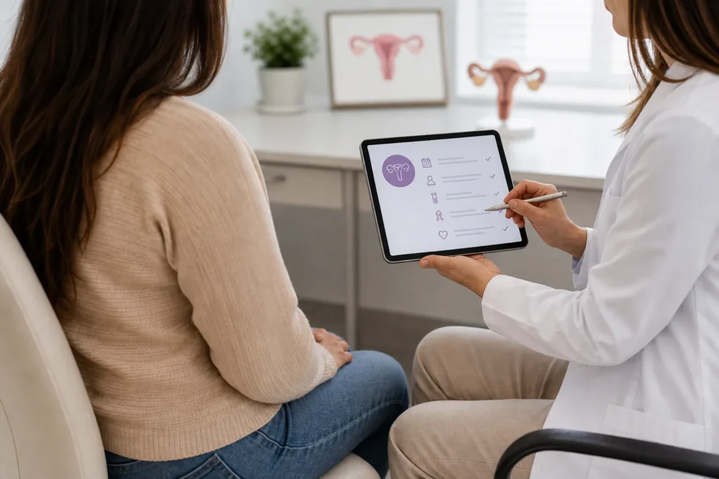 Exame preventivo ginecológico: consulta sobre cuidado preventivo, sem identificação de paciente
