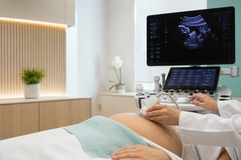 Exame de ultrassonografia morfológica em ambiente clínico de medicina fetal