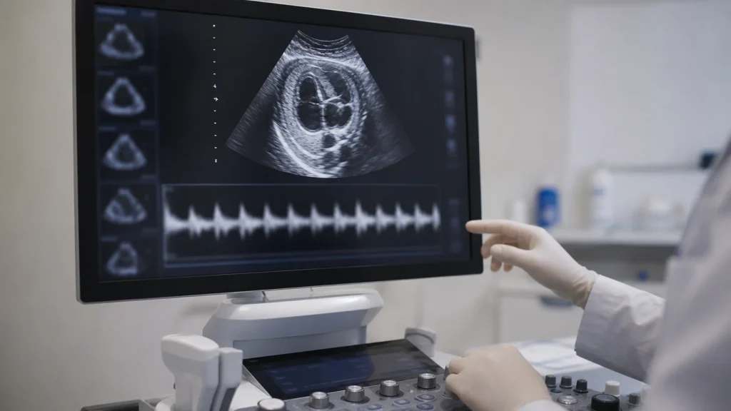 Ultrassom fetal com avaliação de ritmo cardíaco em artigo sobre extrasístole fetal sem identificação de paciente
