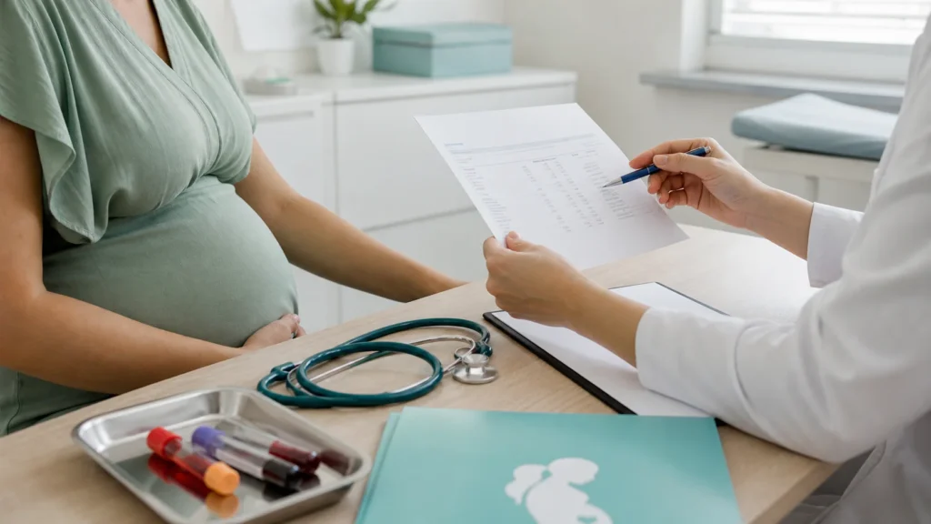 Consulta pré-natal com revisão de exame de ferritina baixa na gravidez sem identificação da paciente