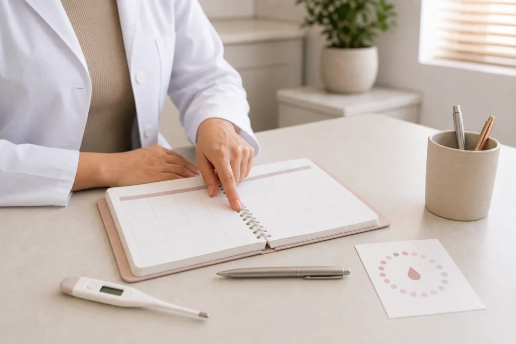Planejamento de ciclo fértil em calendário clínico, sem dados pessoais visíveis