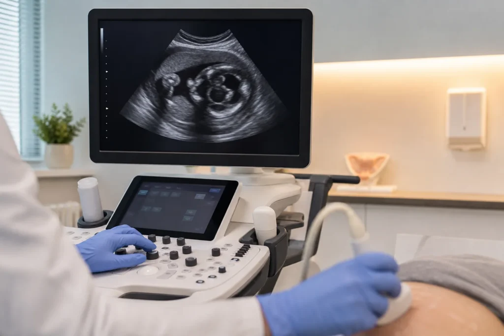 Ultrassom fetal avaliando coracao do bebe sem identificacao de paciente